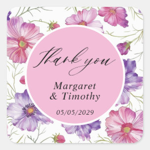 Purple Pink Floral Wedding Square Sticker