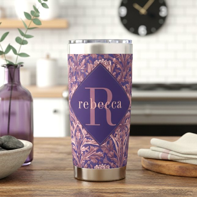 Purple Pink Floral William Morris Elegant Monogram Insulated Tumbler (Creator Uploaded)