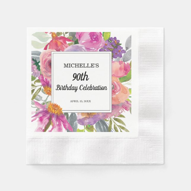 Purple Pink Floral Women's 90th Birthday Napkin (Front)