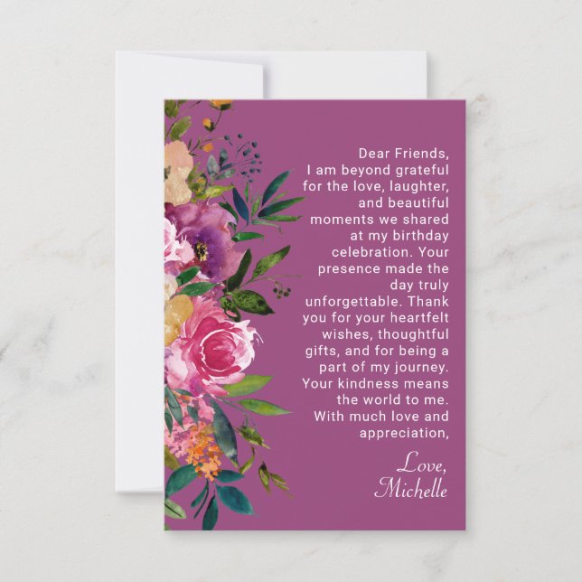 Purple Pink Floral Women's Birthday Thank You Card (Front)