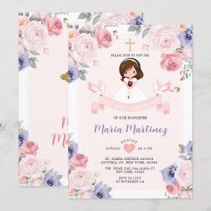 Purple & Pink Flower Girl 1st Holy Communion Invitation