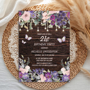 Purple Pink Flowers Butterflies Rustic Wood 21st  Invitation