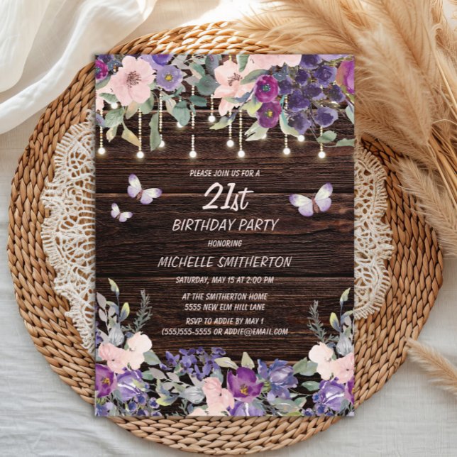 Purple Pink Flowers Butterflies Rustic Wood 21st  Invitation (Purple and pink watercolor floral and butterflies on rustic wood 21st birthday party invitation)