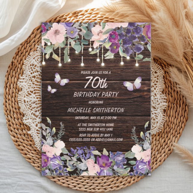 Purple Pink Flowers Butterflies Rustic Wood 70th Invitation (Purple and pink watercolor floral and butterflies on rustic wood 70th birthday party invitation)