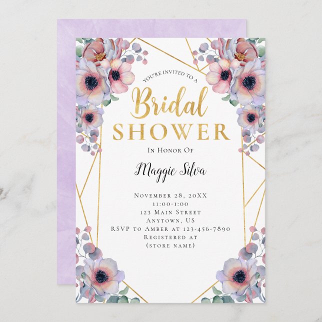 Purple Pink Flowers Geometric Frame Bridal Shower Invitation (Front/Back)