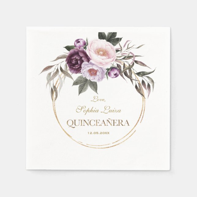 Purple Pink Flowers Gold Mis Quince Quinceañera  Napkin (Front)