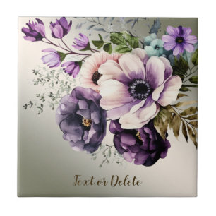 Purple Pink Flowers Golden Elegant Ceramic Tile