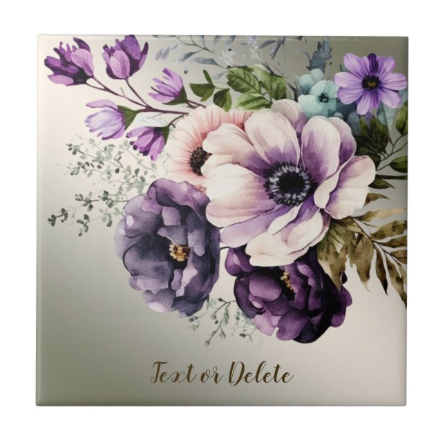 Purple Pink Flowers Golden Elegant Ceramic Tile (Front)