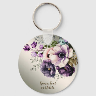 Purple Pink Flowers Golden Elegant Key Ring