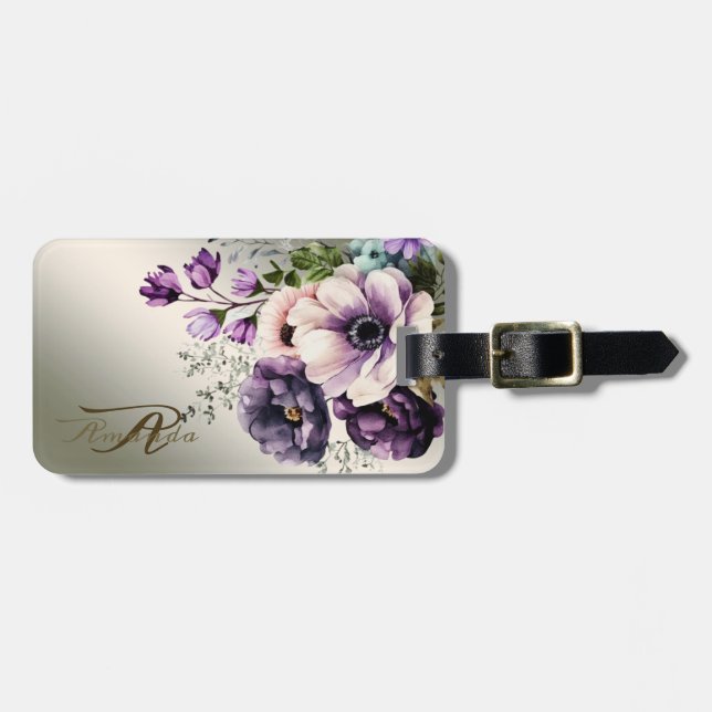 Purple Pink Flowers Golden Elegant Luggage Tag (Front Horizontal)