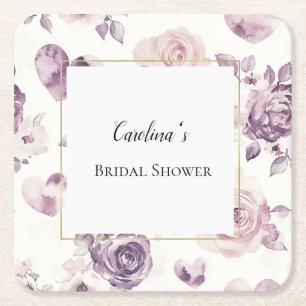 Purple Pink Flowers & Hearts Bridal Shower   Square Paper Coaster