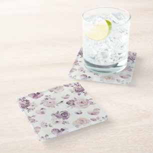Purple Pink Flowers & Hearts Glass Coaster