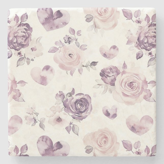 Purple Pink Flowers & Hearts Stone Coaster (Front)