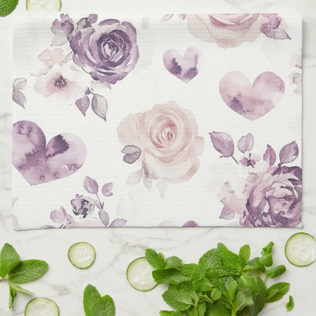 Purple Pink Flowers & Hearts   Tea Towel (Folded)