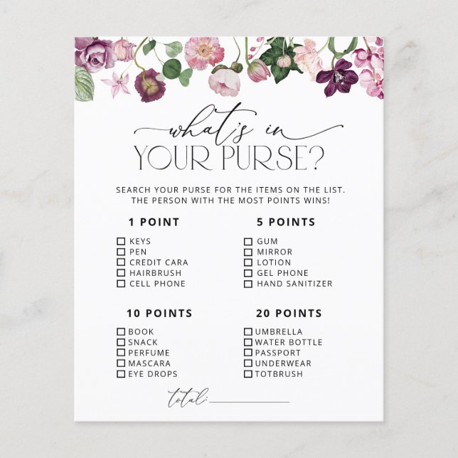 Purple & Pink Flowers What's In Your Purse Game (Front)