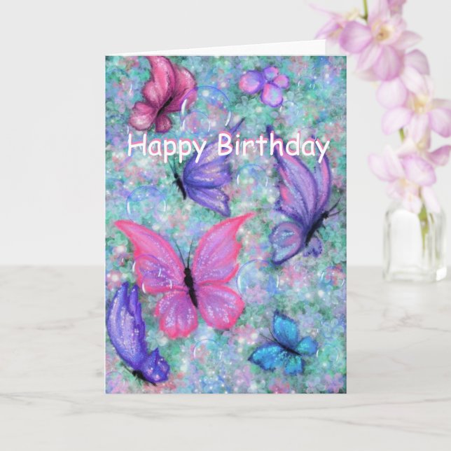 Purple Pink Flying Butterflies Birthday Cards (Orchid)