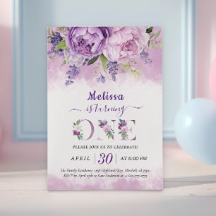 Purple & Pink Garden Flowers Girl 1st Birthday Invitation