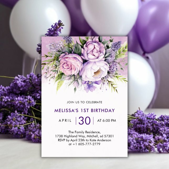 Purple & Pink Garden Flowers Girl 1st Birthday Invitation (Purple & Pink Garden Flowers Girl 1st Birthday Invitation)