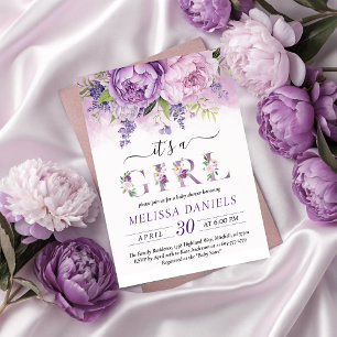 Purple & Pink Garden Flowers Girl Baby Shower Invitation