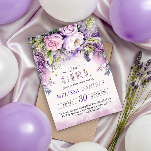 Purple & Pink Garden Flowers Girl Baby Shower Invitation