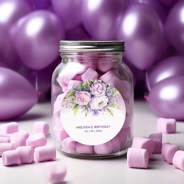 Purple & Pink Garden Flowers Girl Birthday Classic Round Sticker (Purple & Pink Garden Flowers Girl Birthday Classic Round Sticker)