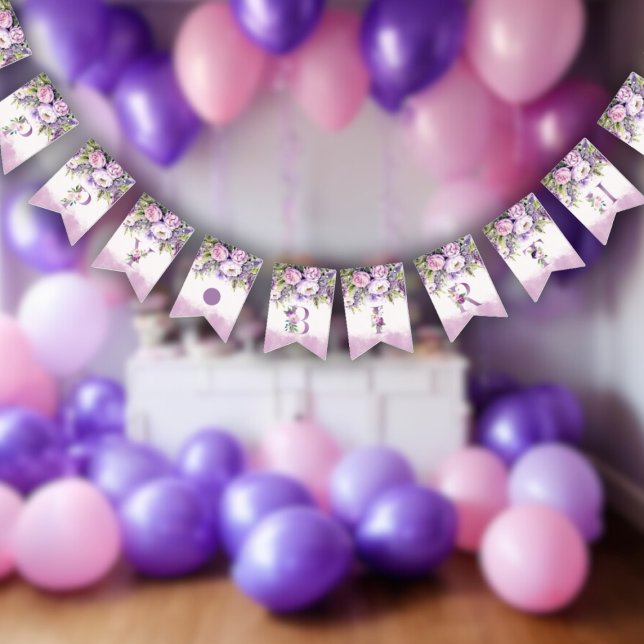 Purple & Pink Garden Flowers Happy Birthday Bunting (Purple & Pink Garden Flowers Happy Birthday Bunting Flags)