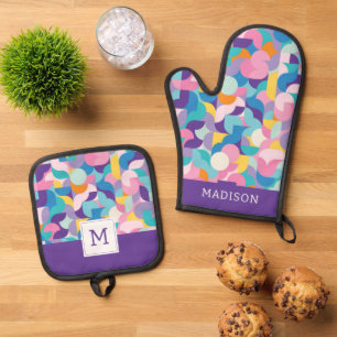 Purple & Pink Geometric Pattern Oven Mitt & Pot Holder Set