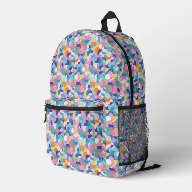 Purple & Pink Geometric Pattern Printed Backpack (Back Corner Right)