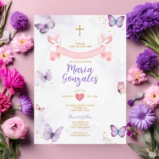Purple & Pink Girl First Holy Communion Butterfly Invitation (Creator Uploaded)