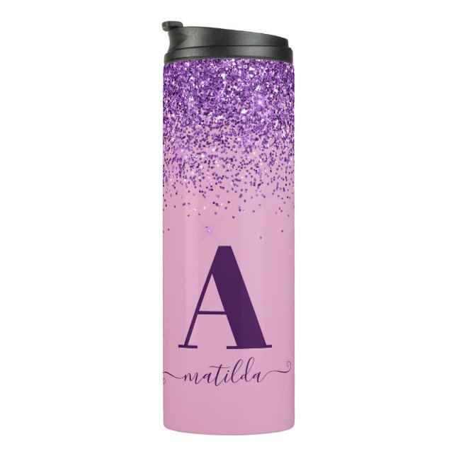 Purple pink girly modern glitter sparkle monogram thermal tumbler (Rotated Right)