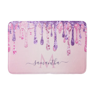 Purple Pink Glam Glitter Dripping Monogrammed Name Bath Mat