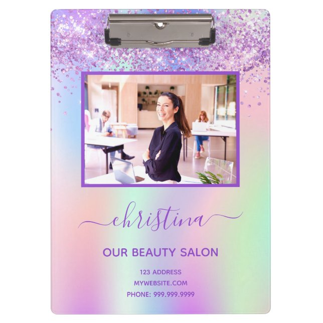 Purple pink glitter beauty salon photo business clipboard (Front)