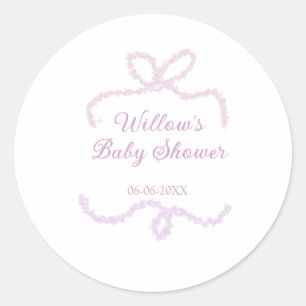 purple pink glitter bow baby shower name date eleg classic round sticker