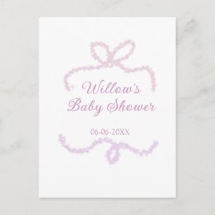 purple pink glitter bow baby shower name date eleg postcard