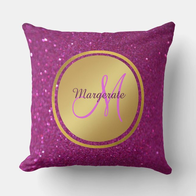 Purple Pink Glitter Brushed Metal Monogram Name Cushion (Front)