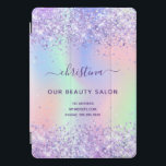 Purple pink glitter business name holographic iPad pro cover<br><div class="desc">A trendy iridescent, holographic background with pastel colours in pink, purple, rose gold, mint green. Decorated with faux glitter dust. For makeup artists, hair designers, hair and beauty salons, nurses. Purple coloured letters. Personalise and add your name and contact information. The personal name is written with a modern hand lettered...</div>