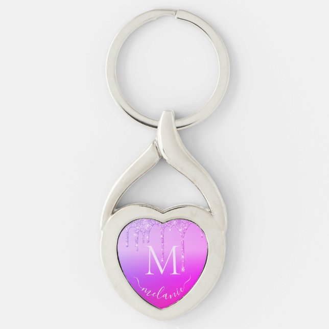 Purple Pink Glitter Custom Letter Name Keychain (Front)