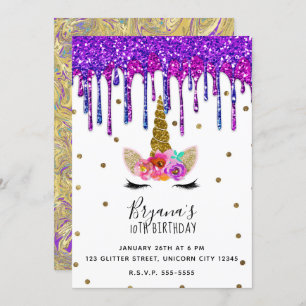Purple & Pink Glitter Drip Unicorn Birthday Party Invitation