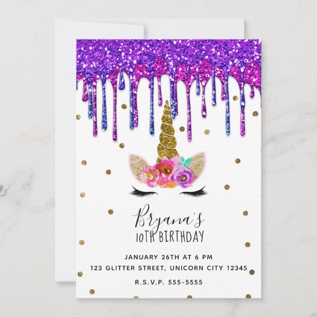 Purple & Pink Glitter Drip Unicorn Birthday Party Invitation (Front)