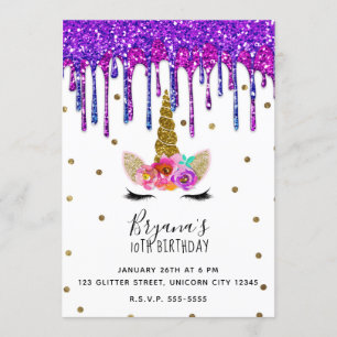 Purple & Pink Glitter Drip Unicorn Birthday Party Invitation