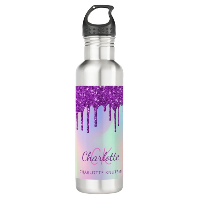 Purple pink glitter drips holographic monogram 710 ml water bottle (Front)