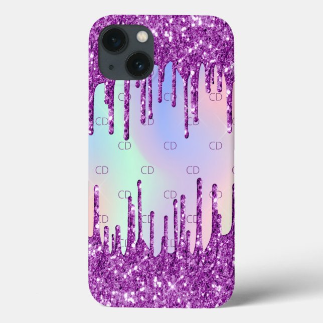 Purple pink glitter drips holographic monogram Case-Mate iPhone case (Back)