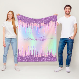 Purple pink glitter drips holographic name fleece blanket