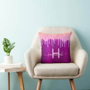 Purple pink glitter drips monogram name cushion