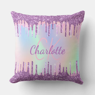 Purple pink glitter drips name monogram script cushion