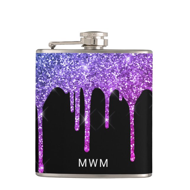 Purple Pink Glitter Drips Sparkle Monogram 6 oz Hip Flask (Front)