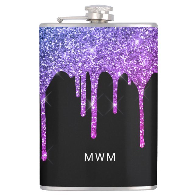 Purple Pink Glitter Drips Sparkle Monogram Hip Flask (Front)