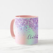 Purple pink glitter dust holographic name script mug (Front Left)