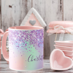 Purple pink glitter dust holographic name script mug