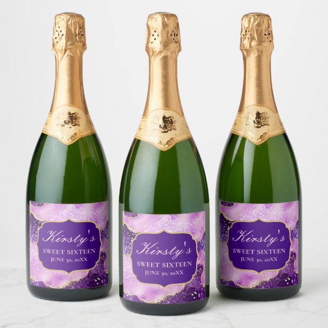 Purple & Pink Glitter Geode Agate Sweet 16 Sparkling Wine Label (Bottles)